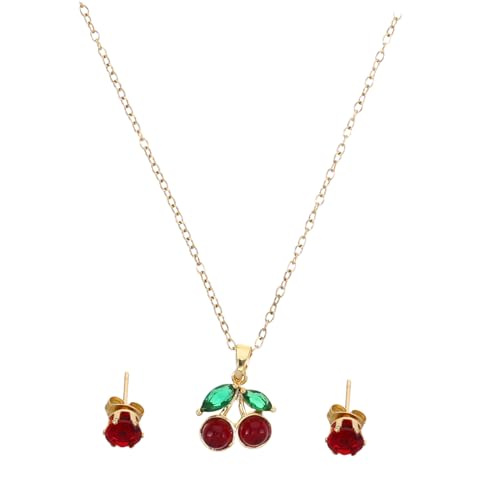 FRCOLOR Rhinestone Kirsche Schmuckset Halskette Ohrstecker Set Kettenlänge für Damen Mädchen Eleganter Anhänger Collarbone Chain Kratzfest Langlebig von FRCOLOR