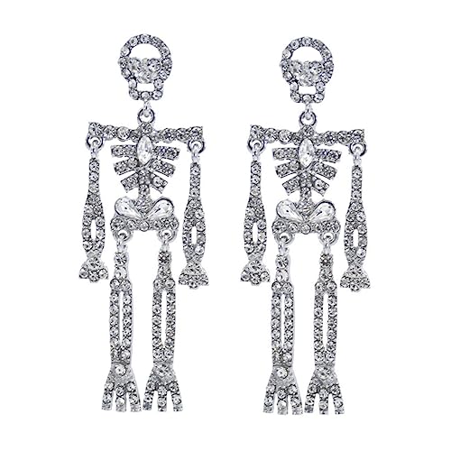 FRCOLOR Rhinestone Skelett Ohrhänger Silber Glitzernde Ohrschmuck Damen Halloween Gothic Punk Extravagante Dangle Ohrringe Für Mehrere Ohrlöcher Alltag Cosplay von FRCOLOR