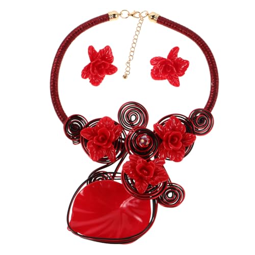 FRCOLOR Rote African Statement Halskette Ohrstecker Set Handgefertigte Aluminiumdraht Resin Blumen Schmuck Leichtes Kostüm Zubehör Für Frauen Party Prom von FRCOLOR