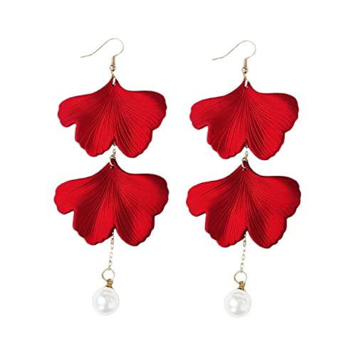 FRCOLOR Rote Ginkgo Ohrringe Damen Hängende Ohrhaken Mit Perlen Eleganter Chinesischer Stil Kreativer Schmuck Für Festliche Anlässe Und Alltag von FRCOLOR