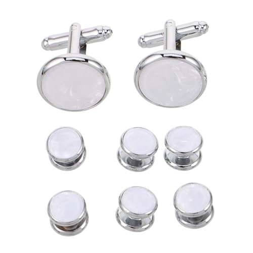 FRCOLOR Runde Französische Manschettenknöpfe aus Weißer Muschel und Emaille Elegantes Herren-set mit Hemdknöpfen und Smoking-accessoires Einfach zu Befestigen für Hochzeit Business und von FRCOLOR