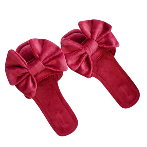FRCOLOR Rutschfeste Damen Hausschuhe mit Dekorativem Schleifen design Flache Absätze Weiche Innensohle Bequeme Slipper für Zuhause für Innenräume Rot von FRCOLOR