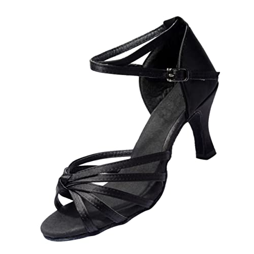 FRCOLOR Satin High Heels Damen Latein Tanzschuhe Offene Zehen Knöchelriemen Absatz Schwarz für Party Bankett von FRCOLOR