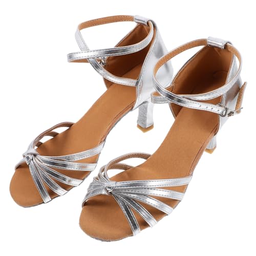 FRCOLOR Satin High Heels Damen Latein Tanzschuhe Silber Absatz Knöchelriemen Schlange Muster Sandaletten Ausziehen Für und Festliche Anlässe von FRCOLOR