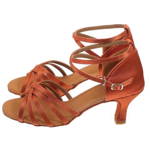 FRCOLOR Satin High Heels Damen Latein Tanzschuhe mit Schnürung Offene Zehen Goldener Absatz Ausziehen für Party und von FRCOLOR