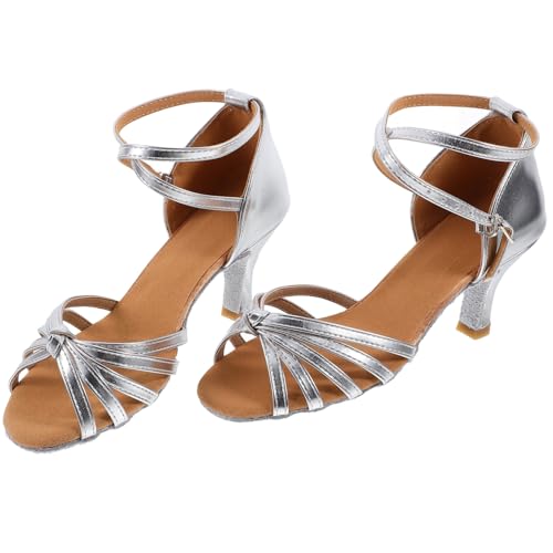 FRCOLOR Satin High Heels Damen Latin Tanzschuhe mit Knöchelriemen Schlangeprägung Offene Zehen Pumps Silber für Salsa Festliche Anlässe von FRCOLOR