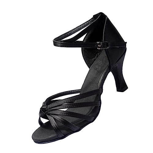 FRCOLOR Satin High Heels Damen Latin Tanzschuhe mit Knotenriemen Offene Zehen Absatz Schwarze Ballroom und Salsa Schuhe für Festliche Anlässe von FRCOLOR