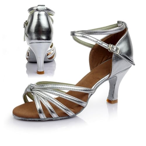 FRCOLOR Satin High Heels Damen Open Toed Knöchelriemen Latein Tanzschuhe Silber Schlanke Optik Bequemes Ausziehen für Tanz und Festliche Anlässe von FRCOLOR