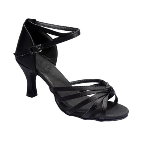 FRCOLOR Satinsatin High Heels Damen Latein Tanzschuhe Knöchelriemen Offene Spitze Absatzschuhe Schwarz Für Salsa von FRCOLOR
