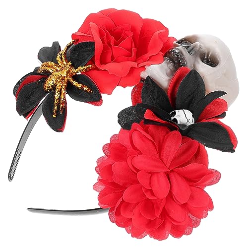 FRCOLOR Schädel Rose Stirnband Rotes Zubehör Stirnbänder Für Damen Haar Rotes Blumenschädel-stirnband Mexikanische Schädel Stirnbänder Skelett Frau Seidentuch Kleidung Blumenkopfschmuck von FRCOLOR