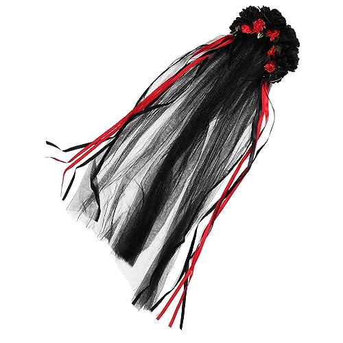 FRCOLOR Halloween-stirnband Mit Rosenblüte Für Damen Schwarzer Schleier Stirnband Mit Band Zubehör Für Junggesellinnenabschiede von FRCOLOR