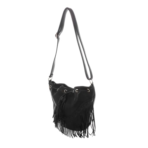 FRCOLOR Schwarze Damen Bucket Bag mit Fransen Vielseitige Crossbody und Schultertasche aus Langlebigem Polyester und PU Modische Quastenverzierung Praktische Umhängetasche für Alltag und von FRCOLOR