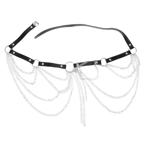 FRCOLOR Schwarzer Mehrschichtiger Taillengürtel aus Metall Punkiger Körperketten Stil mit Quasten Langlebige Damen Gürtelkette für Festival Party Club und Boho Outfits von FRCOLOR