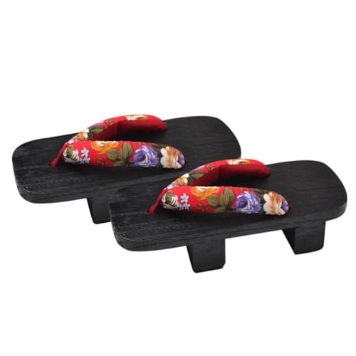 FRCOLOR Sommer Clogs Holzpantoletten Unisex Zweizahn Slipper Bequeme Freizeit Hausschuhe für Damen und Herren mit Roter Blumenmuster und Schwarzer Holzsohle von FRCOLOR