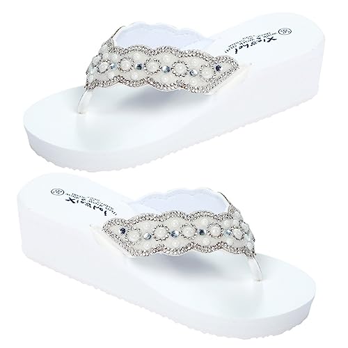 FRCOLOR Sommer Damen Sandalen mit Perlen und Strass Rutschfeste Plateau Strandschuhe Weiße Flache Outdoor Schuhe mit Keilabsatz und Leicht von FRCOLOR