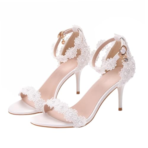 FRCOLOR Spitze Weiße Spitzen high Heels Damen Hochzeitsschuhe mit Filigranem Spitzen design Stabiler Absatz Modische Sandalen für Braut und Festliche Anlässe von FRCOLOR
