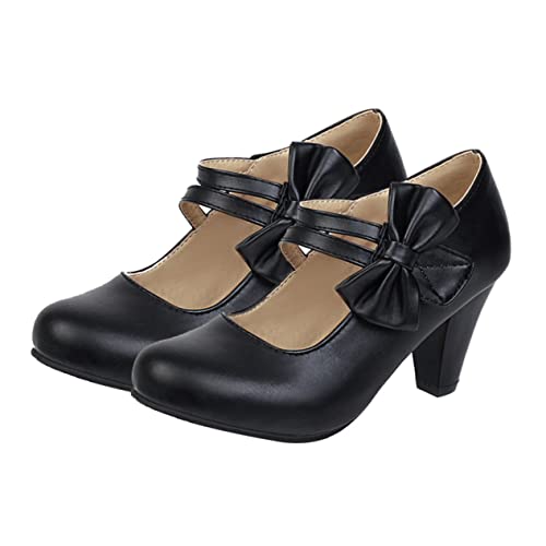 FRCOLOR Stylische Damen High Heels mit Schleifen Bequemer Grober Absatz Hautfreundliches Material Vielseitig für Partys Büro und Besondere Anlässe Elegant und Modisch Schwarz von FRCOLOR