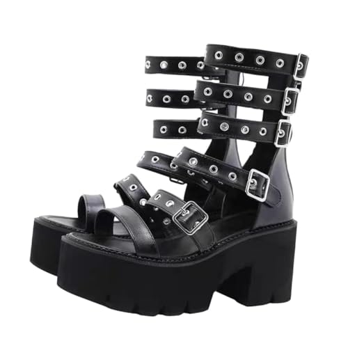 FRCOLOR Stylische Damen Sandalen mit Dickem Plateauabsatz Elastischem Design und Langlebig aus PU und Gummi für Sommer Party Büro und Besondere Anlässe Schwarz von FRCOLOR