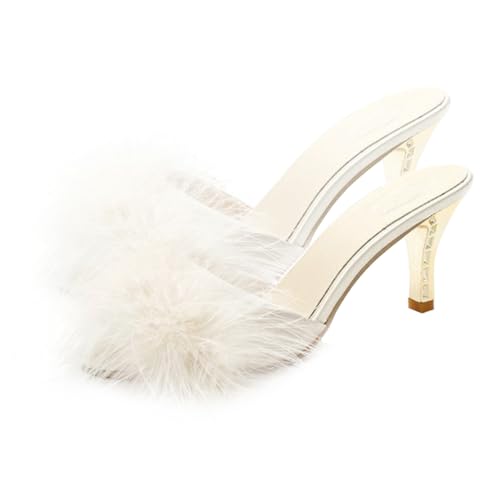 FRCOLOR Stylische Damen Sommer Hausschuhe mit Feinem Absatz Offene Zehen Bequeme Leichte Pantoletten in Beige Modische Slippers für Alltag und Freizeit von FRCOLOR