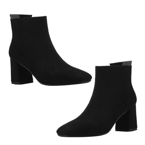 FRCOLOR Stylische Damen Stiefeletten mit Mittelhohem Blockabsatz Quadratische Spitze Pu obermaterial Rutschfeste Gummisohle Bequeme Kurzstiefel für Herbst und Winter Vielseitig von FRCOLOR