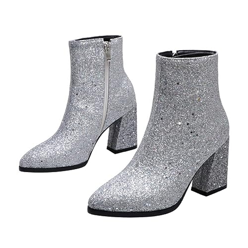 FRCOLOR Stylische Damen Stiefeletten mit Spitzem Zehenbereich Hoher Absatz und Rutschfester Sohle Herbst Boots für Eleganten Auftritt Langlebig und Komfortabel Silberfarbene Kurzschaft von FRCOLOR