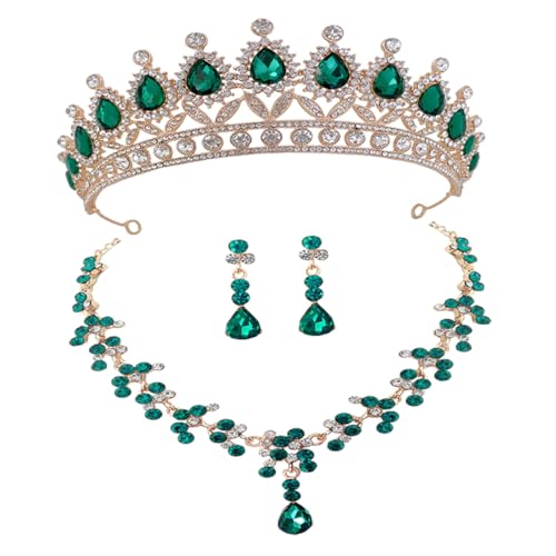 FRCOLOR Teiliges Krone Halskette und Ohrringe Set mit Grüner Krone für Braut und Hochzeitsfeiern Elegantes Design Bequemes Tragegefühl Fotorequisiten von FRCOLOR