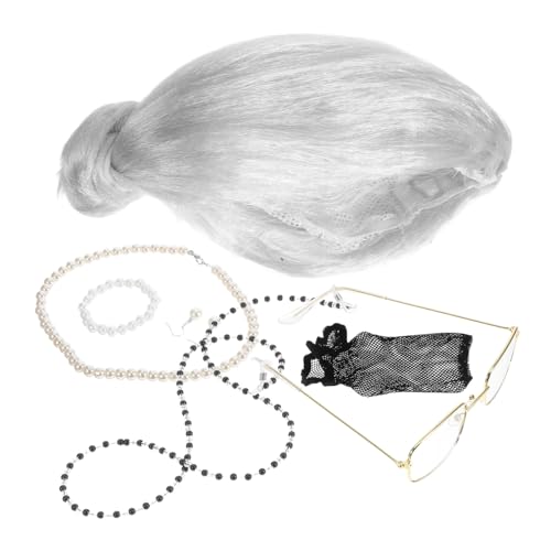 FRCOLOR Teiliges Old Lady Kostüm für Damen und Silbergraue Perücke Hautfreundliches Material Inklusive Brillenkette und Halskette Wiederverwendbar für Halloween Theater und Kostümpartys von FRCOLOR