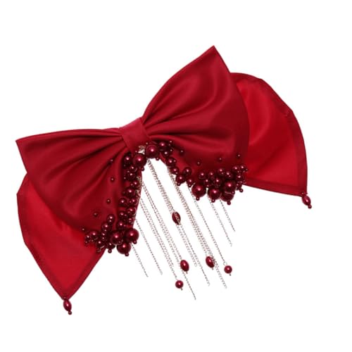 FRCOLOR Tiara Mit Perlenquaste Hochzeit Zurück Haarspange Brautparty Hochzeit Schleife Clip Haarschleifen Hochzeitshaarzubehör Perlenspange Kopfbedeckungen Haarklammern Rot Stoff von FRCOLOR