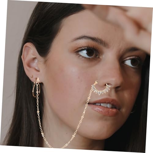 FRCOLOR U Förmiger Nasenring mit Langer Metallkette Kreativer Durchbohrter Nasen und Lippenring Eleganter Körperschmuck für Damen für Party Club und Alltag Goldfarbener Stil von FRCOLOR