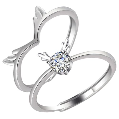 FRCOLOR Verstellbare Geweih Paarringe Silber für Verlobung Damen Herren Romantisches Design Einstellbare zu Valentinstag und Jahrestag von FRCOLOR