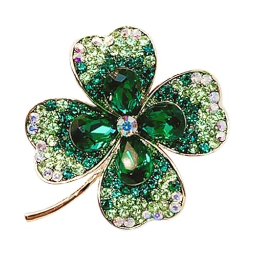FRCOLOR Vierblättriges Kleeblatt Brosche Anstecknadel mit Strasssteinen für Damen Eleganter Grüner Metallanhänger Vielseitiges Schmuckaccessoire für Jacken Taschen Kleidung Glückssymbol von FRCOLOR
