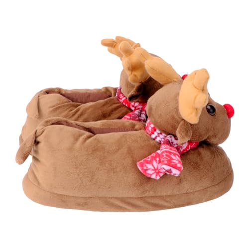 FRCOLOR Warme Plüsch Hausschuhe Damen mit Niedlicher Elchform Rutschfeste Sohle Weiche und Strapazierfähige Herbst Winter Pantoffeln Gemütliche Hüttenschuhe für Mädchen Braun Einheitsgröße von FRCOLOR