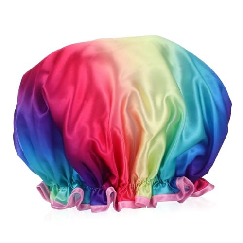 FRCOLOR Wasserdichte Duschhaube Damen Herren Elastische Badekappe Doppellagige Regenbogen Farbverlauf Shower Cap Wiederverwendbar Komfortabel Für Locken Langes Haar Spa Reise von FRCOLOR