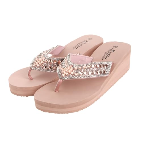 FRCOLOR Wasserdichte Rutschfeste Strand Pantoletten Damen mit Perlen und Kristallbesatz Bequeme Keilabsatz Flip Flops für Sommer Langlebige Sommerschuhe von FRCOLOR
