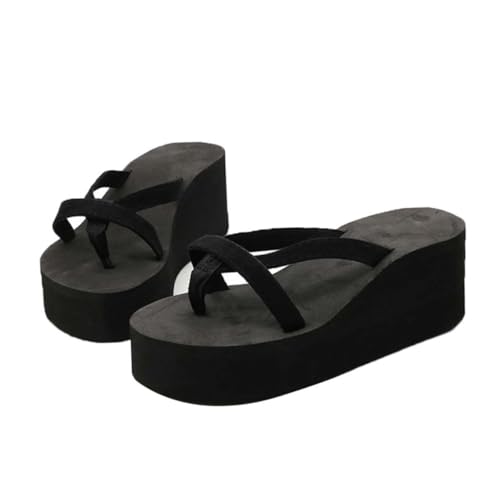 FRCOLOR Wedge Flops Damen Sandalen mit Keilabsatz Rutschfeste Sommer Slippers Leichte Boho Strandpantoletten Geeignet für Freizeit Outdoor und Indoor Schwarz von FRCOLOR