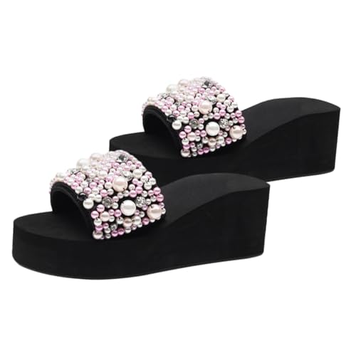 FRCOLOR Wedge Slipper für Damen Sommer Keilabsatz Rutschfest mit Eleganter Perlenverzierung Bequeme Außensohle für Strand Zuhause und Freizeit von FRCOLOR