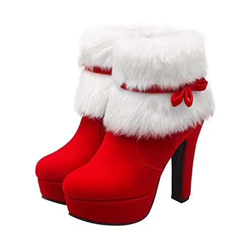 FRCOLOR Weihnachtliche Damen Ankle Boots mit Hohem Absatz Rotes Plüsch Design Seitlicher Reißverschluss Dicker Absatz für Komfort und Stabilität Eleganter Schleifenbesatz Festliche von FRCOLOR