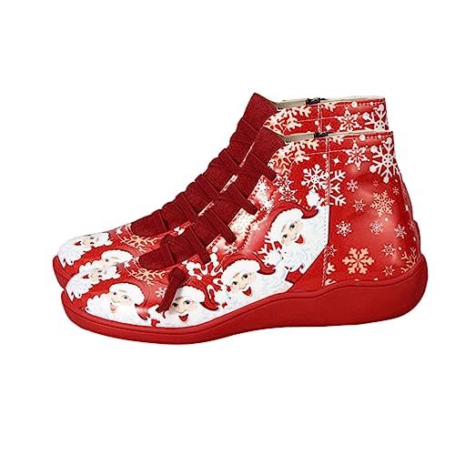 FRCOLOR Weihnachtliche Damen Kurzstiefel Rot Casual Schuhe für Herbst Winter Festliche Xmas Schuhe für Party Alltag und Bequeme Damenstiefel mit Weihnachtsmann Motiv von FRCOLOR