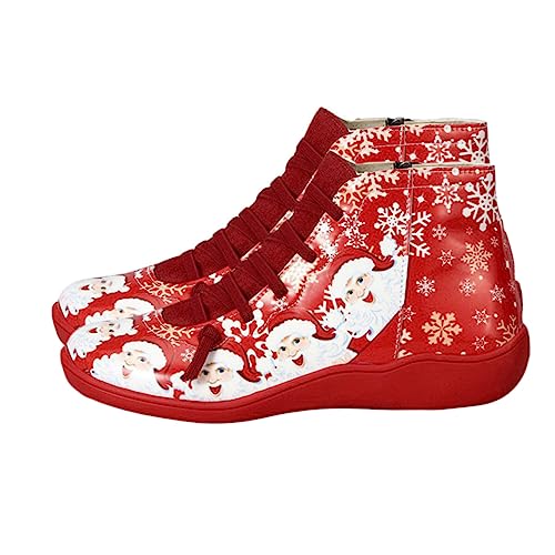 FRCOLOR Weihnachtliche Damen Kurzstiefel Rot Xmas Design Winterstiefel Komfortabel Modisch Herbst Winterschuhe Geschenkidee für Frauen Festliche Party Schuhe von FRCOLOR