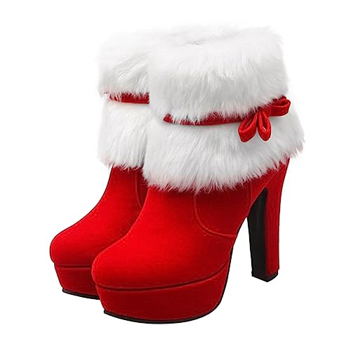 FRCOLOR Weihnachtliche Damen Kurzstiefel mit Hohem Absatz Warm Gefüttert Rutschfeste Gummisohle Kuschelige Winter Ankle Boots mit Schleife und Seitlichem Reißverschluss Modisch und von FRCOLOR