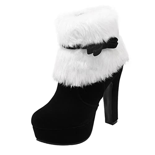 FRCOLOR Weihnachtliche Damen Kurzstiefel mit Kuscheligem Plüsch Hoher Blockabsatz Seitlichem Reißverschluss und Dekorativer Schleife Warme Winter Schuhe für Alltag und Festtage Schwarz von FRCOLOR