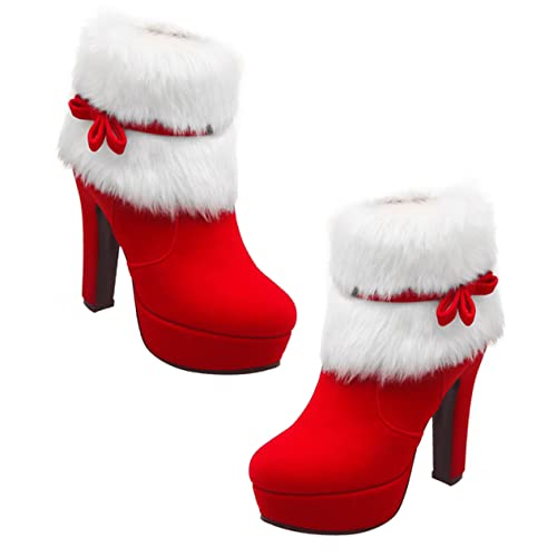 FRCOLOR Weihnachtliche Damen Kurzstiefel mit Plüsch Schleifenverzierung Seitlichem Reißverschluss Dicker Plateau Absatz Rot Warme Winter Ankle Boots für Festliche Anlässe von FRCOLOR