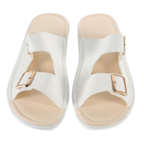 FRCOLOR Weiße Damen Sandaletten Sommer Echtleder Sandaletten mit Keilabsatz Kühlende Strandpantoletten für Frauen Bequeme Freizeit Slippers von FRCOLOR