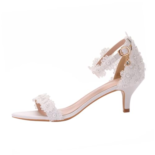 FRCOLOR Weiße Spitzen Hochzeits Sandaletten Damen High Heels mit Feinem Riemen Schlanker Absatz Angenehm für Frühling Sommer Festliche Anlässe und Partys von FRCOLOR