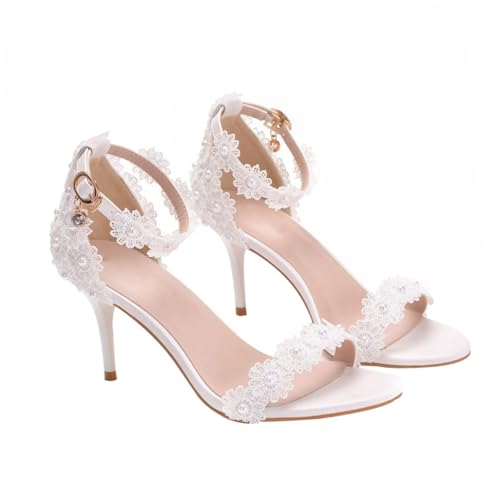 FRCOLOR Weiße Spitzen sandaletten Damen Hochzeitsschuhe Stilvolle Leichte High Heels mit Feinem Absatz Strapazierfähigem PU und Gummimaterial Modisch für Braut Party und Festliche Anlässe von FRCOLOR