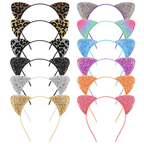 Frcolor Katzenohren Stirnband, Glitter Pailletten Ohr Stirnbänder Metall Haarbänder für die tägliche Party, 12er Pack (One-sided Glitter) von FRCOLOR