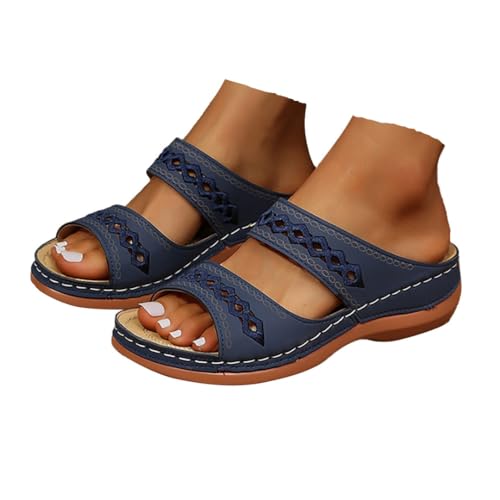 Orthopädische Damen Sandalen Flache offene Zehenbogen Unterstützung Sandale Slip auf Sommer Keil für Frauen Knöchelriemen Heels Dressy Plattform Bequeme Casual Strandschuhe für Reisen (Dark Blue, 6.5) von FRDYEYDJ