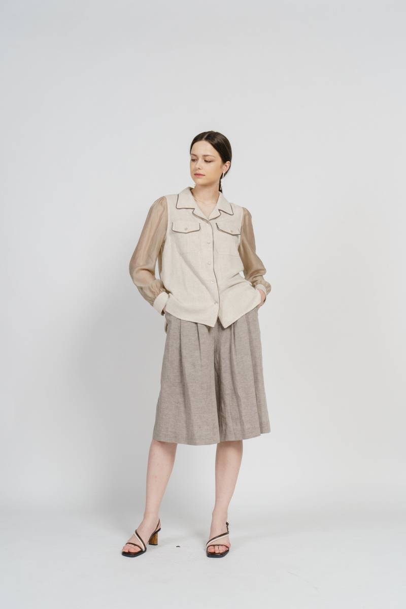 Leinen Taille Band Breite Bermuda Hose_Melange Braun von FREAKSBYKIMTAEHOON