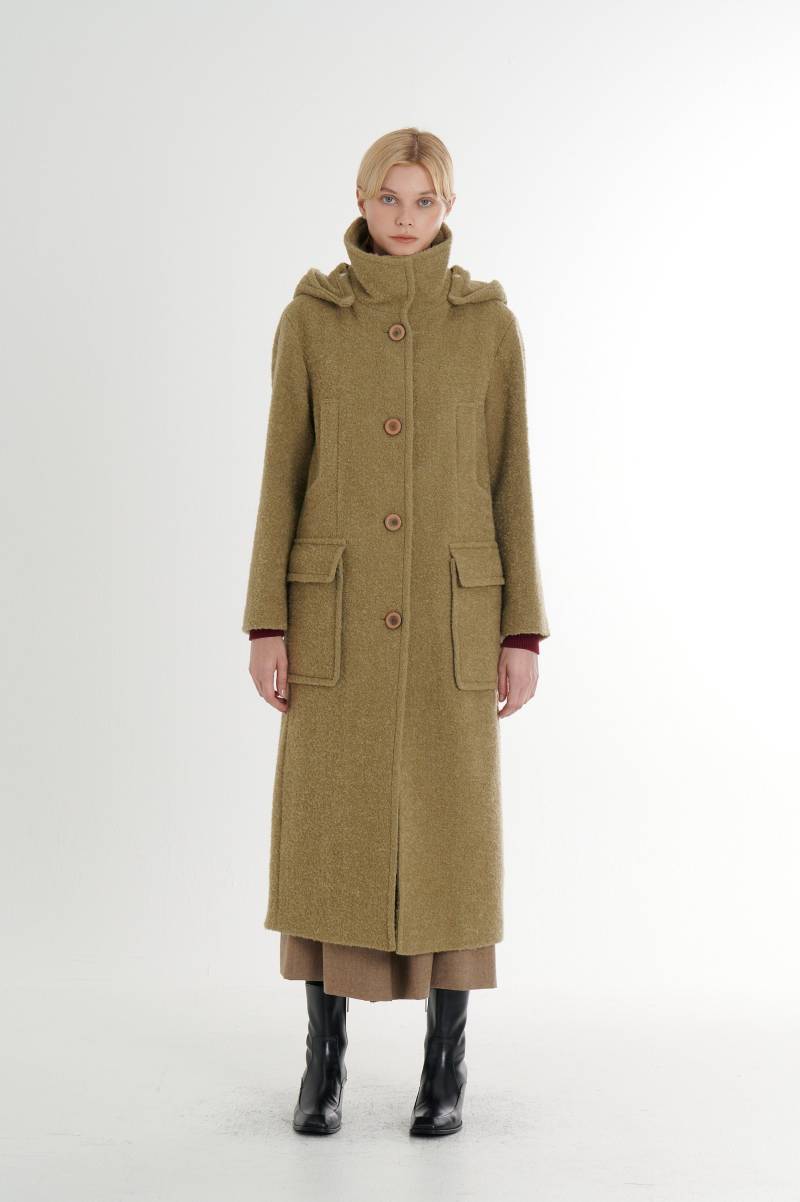 Premium Mohair Alpaka Mischung Abnehmbarer Langer Mantel Mit Kapuze_Sand Nomade von FREAKSBYKIMTAEHOON