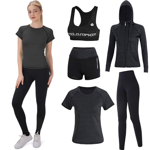 FRECINQ 5 Stück Damen Fitness Trainingsanzug Yoga Set Sportbekleidung Jogging Gym Pilates Sportbekleidung Zumba Tennisbekleidung von FRECINQ